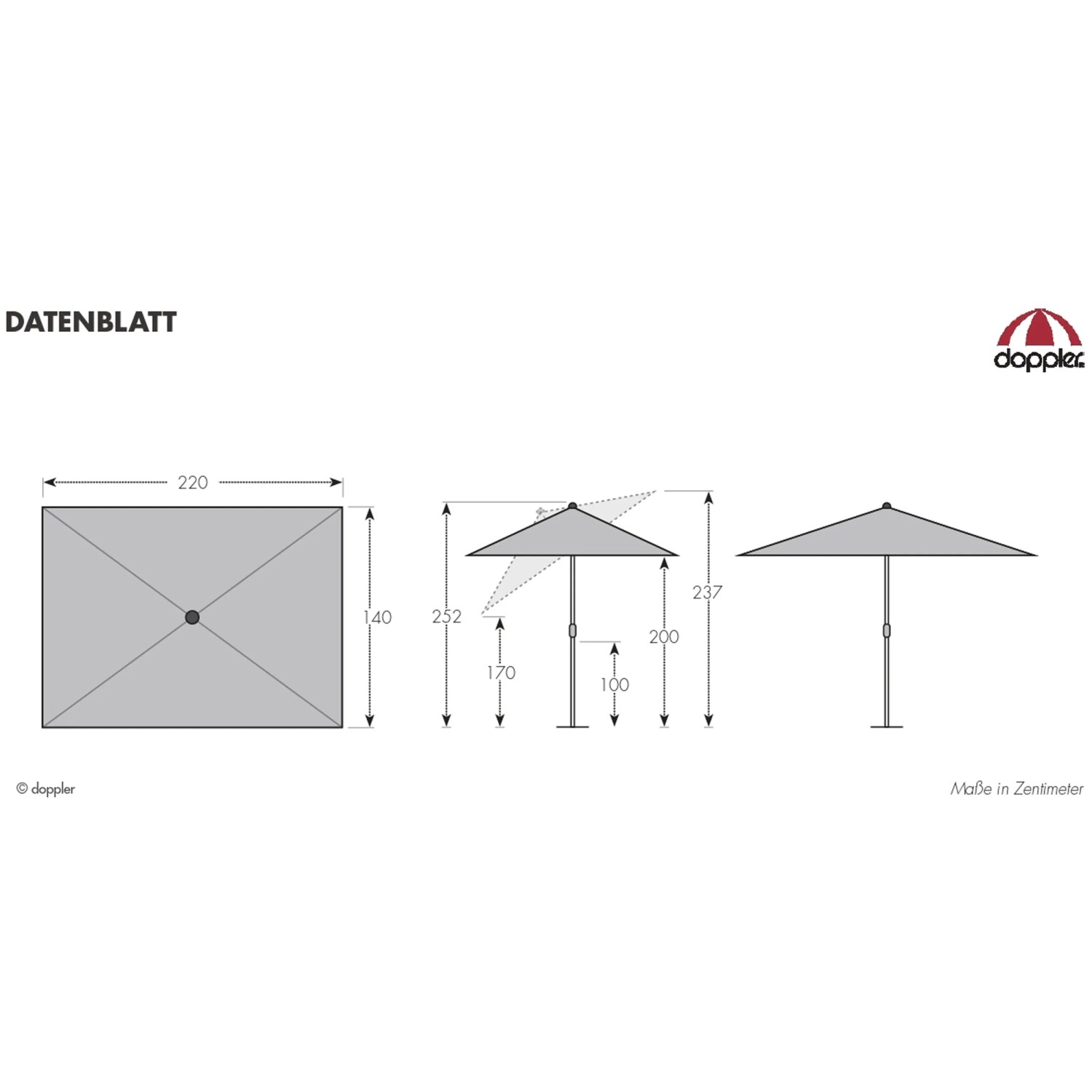 Doppler Marktschirm Expert, 220x140 cm, Greige, mit Maßen und Knickfunktion dargestellt.