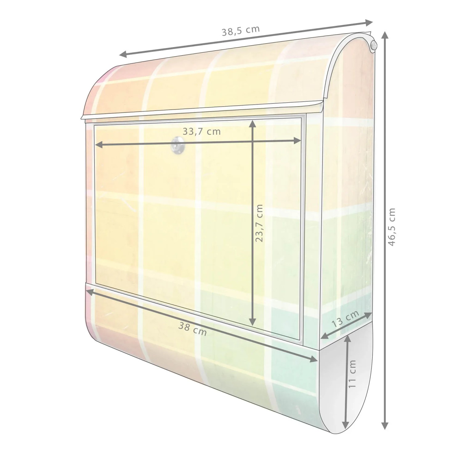 Weißer Banjado Design Briefkasten mit bunten Glasbausteinen und Zeitungsfach, Maße eingezeichnet.