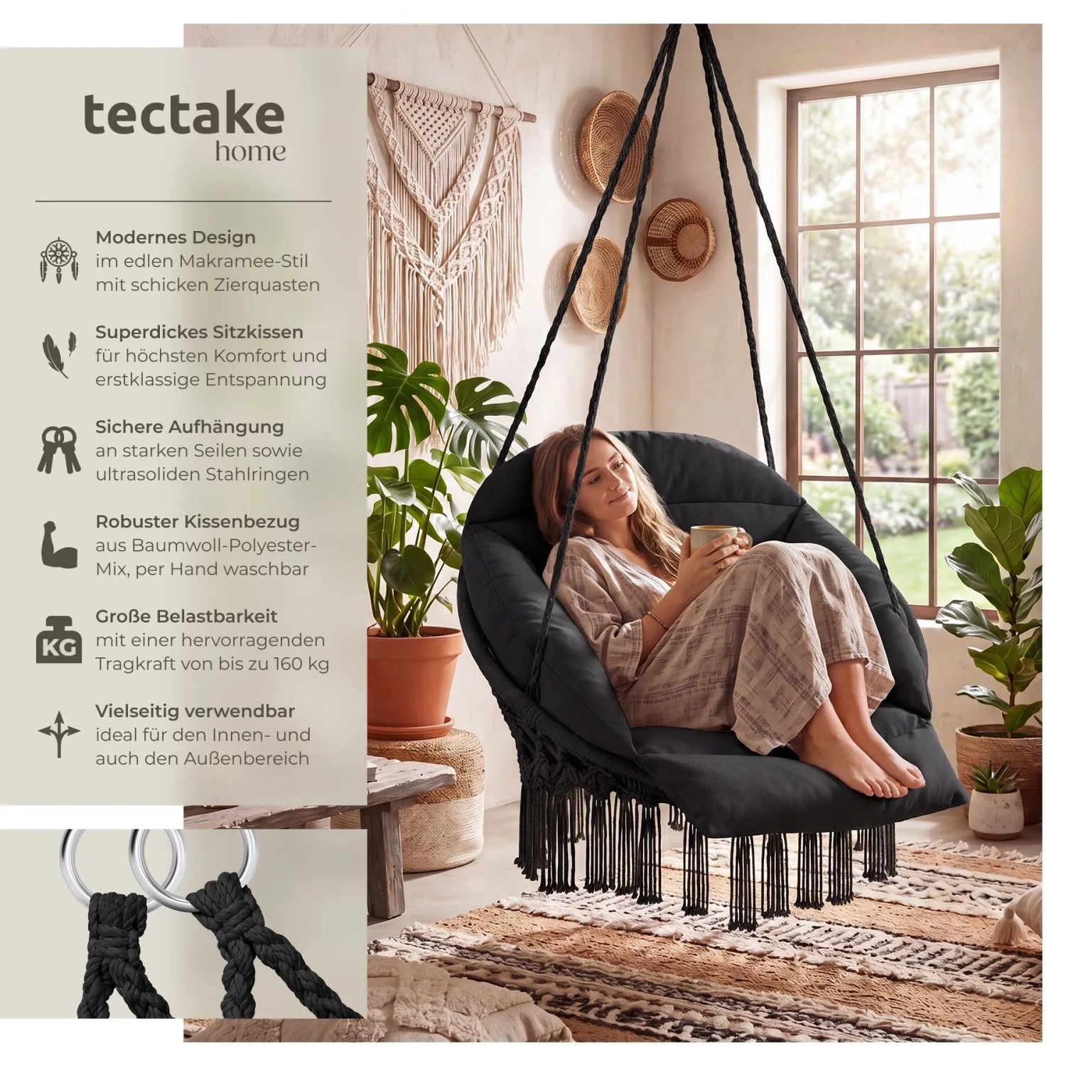 Tectake Hängesessel Samira Mit Dickem Sitzkissen Stabile Halteseile 81 x 80 x 139 cm Schwarz_2