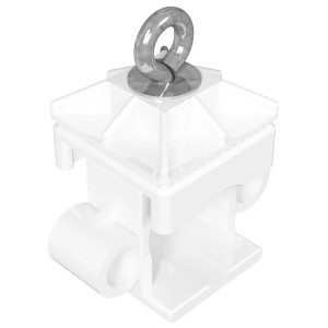 Weiße Schake Schilderklemme aus Kunststoff mit Öse zur Befestigung von Verkehrsschildern.