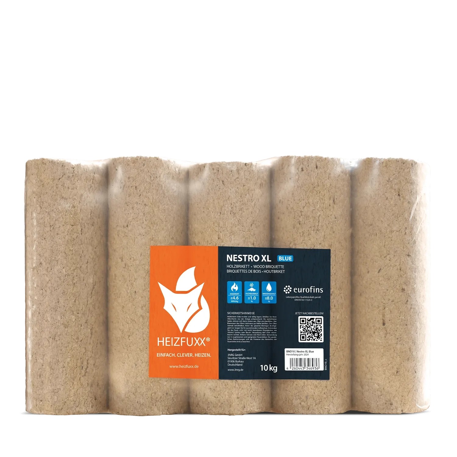 Heizfuxx Nestro XL Blue Holzbriketts, 10kg Paket. Helle, zylindrische Nadelholzbriketts für Kamin und Ofen.