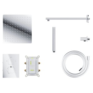 KOLMAN Duschsystem: Quadratische Chrom-Kopfbrause, Handbrause, Thermostat-Armatur, Unterputz-Set.