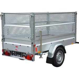 Stema Basic 750 Autoanhänger mit Gitteraufsatz und Zubehör, Heckansicht.