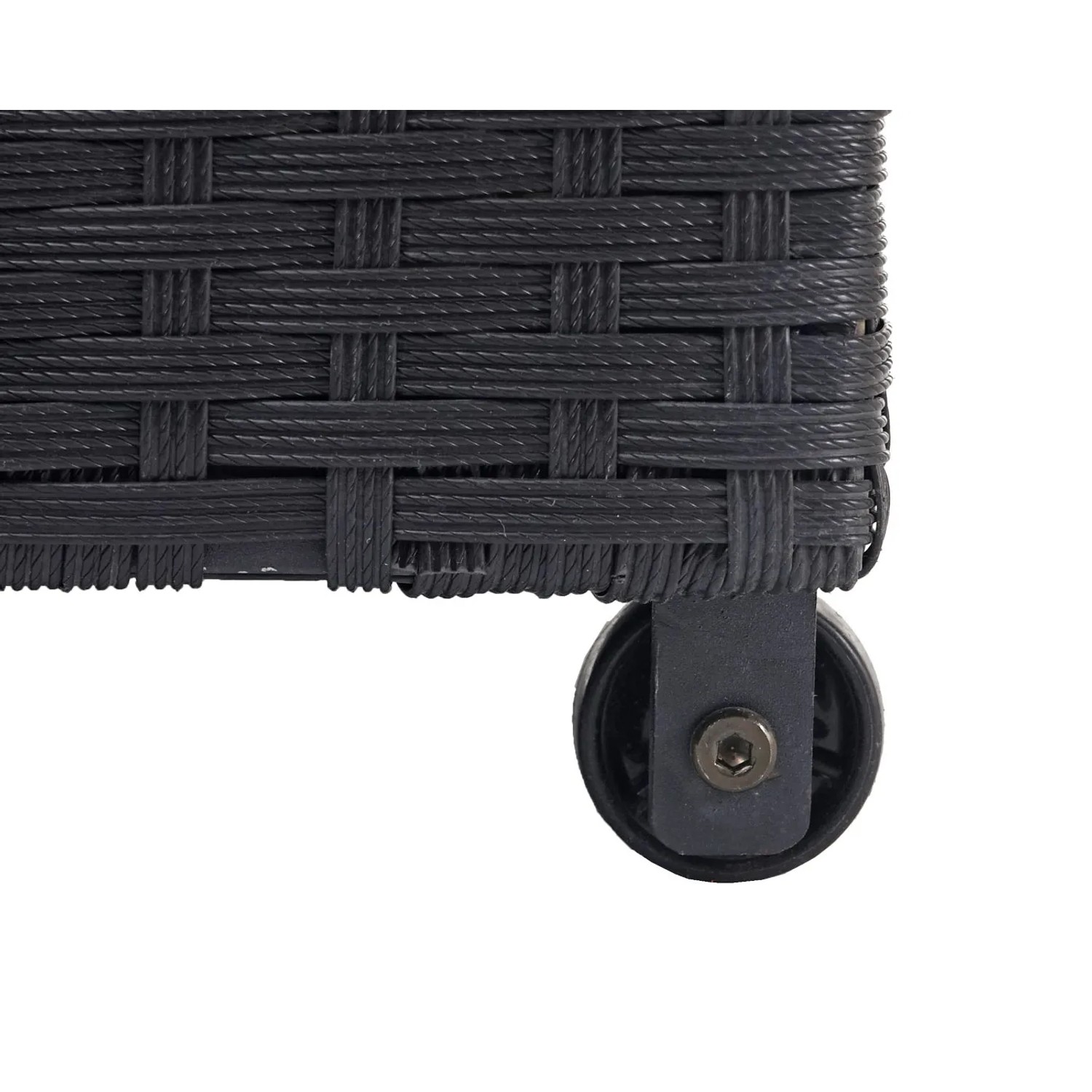 Detailaufnahme: Schwarze Poly-Rattan Kissenbox mit Rollen für einfachen Transport.