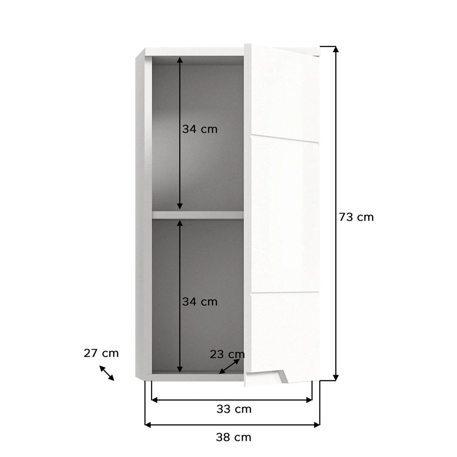 Offener Hängeschrank Solero in Weiß Hochglanz mit Maßen 73x38x27 cm für Bad oder Hauswirtschaftsraum.
