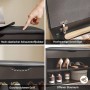 Schwarze Schuhbank mit gepolsterter Sitzfläche, offenem Schuhregal und Stauraum für den Flur. Zeigt Polsterung, Griff.