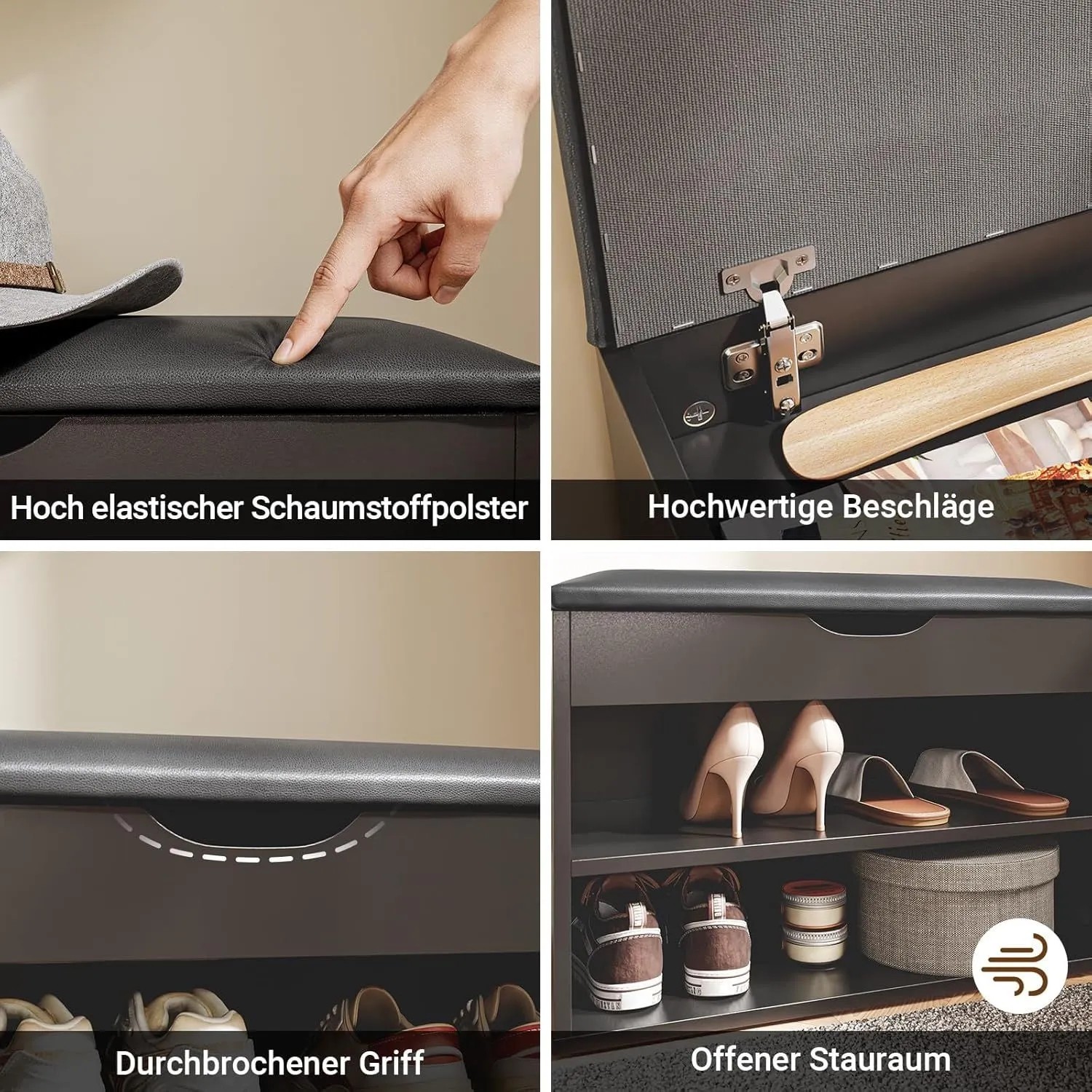 Schwarze Schuhbank mit gepolsterter Sitzfläche, offenem Schuhregal und Stauraum für den Flur. Zeigt Polsterung, Griff.