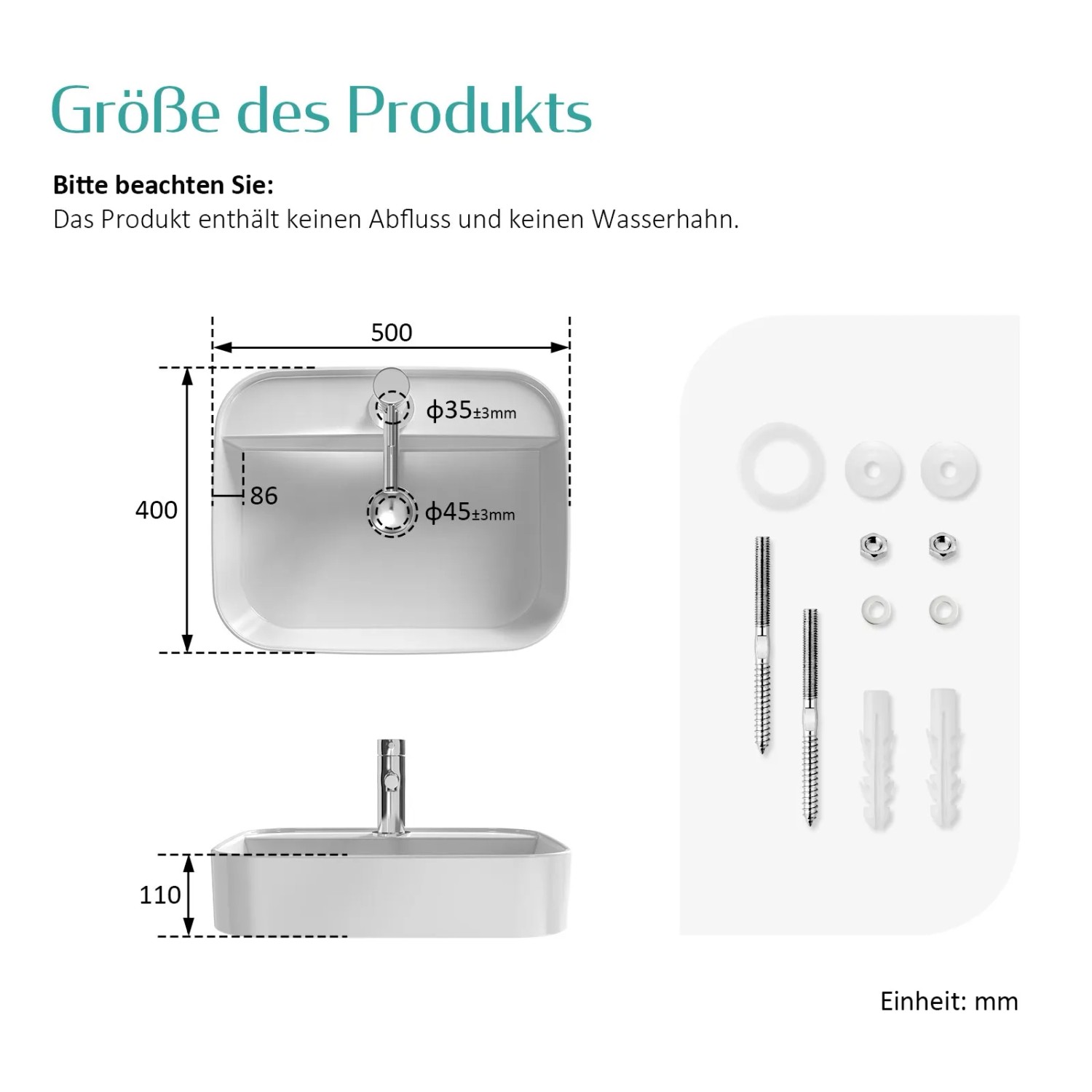 Skizze Emke Handwaschbecken, eckig, 50x40 cm, mit Maßangaben und Montagezubehör.