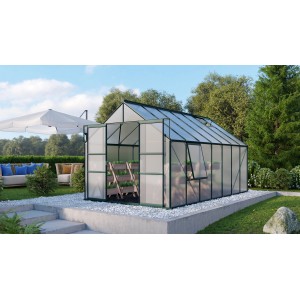 Vitavia Gewächshaus Meridian 2 11500 HKP 4mm Smaragd mit geöffneter Tür und Fenster.
