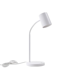 Weiße Lindby Radka Tischlampe, modern, mit flexiblem Arm und rundem Fuß, ideal für Arbeitszimmer.