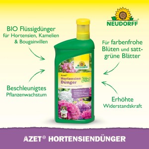 Grüne Flasche Neudorff Azet Hortensiendünger 1 l für farbenfrohe Blüten und gesundes Wachstum.