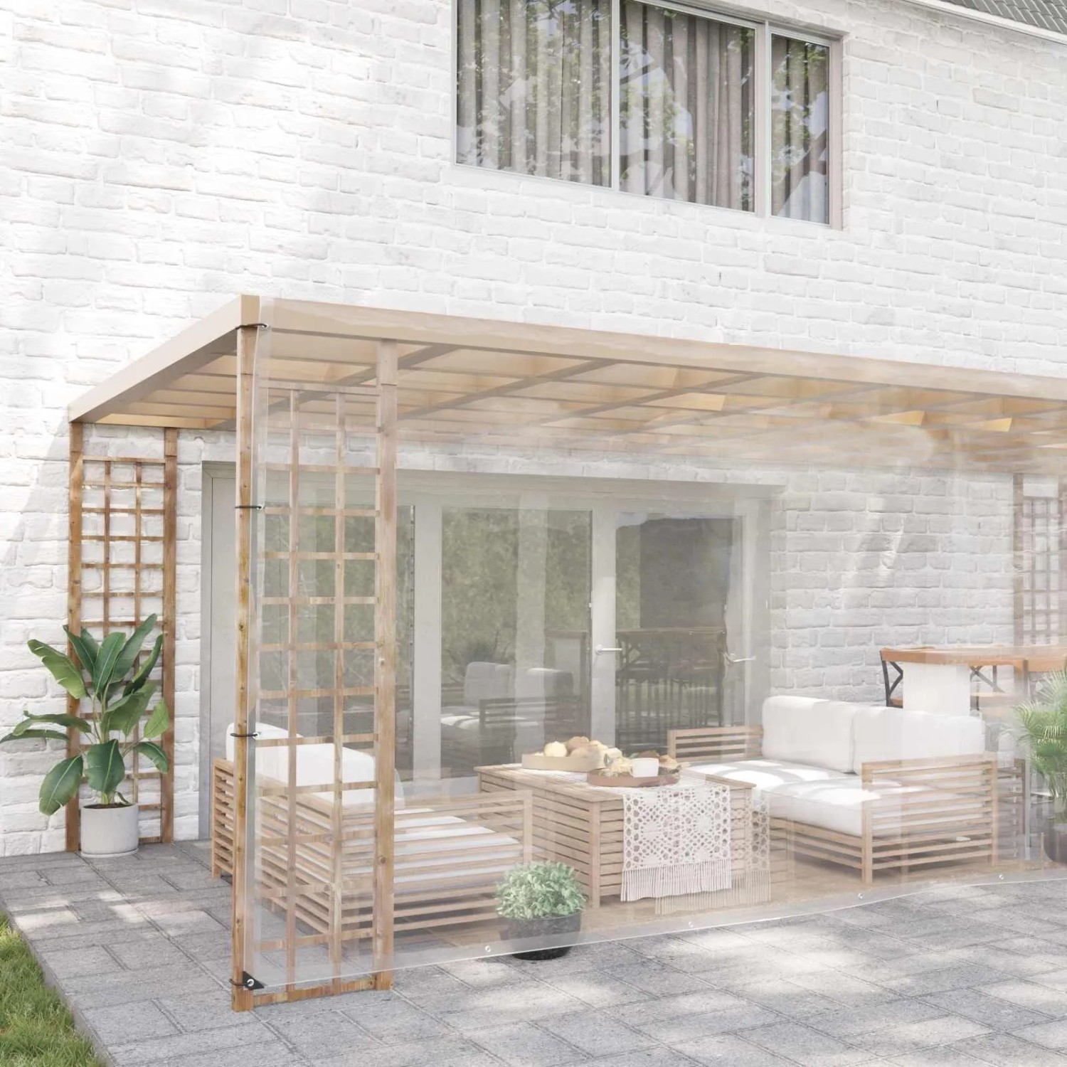 Transparente vidaXL Plane 6x8m aus PVC zum Schutz von Gartenmöbeln und Terrassen vor Wind und Wetter.