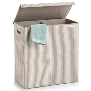 Beiger 2-fach Wäschesammler Stripes von Zeller Present, 110 l, Vlies, mit Deckel und Griffen.