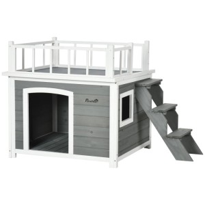 PawHut Hundehütte aus hellgrauem Tannenholz mit weißem Balkon, Treppe und Fenster. Erhöhte Bauweise für Hunde.