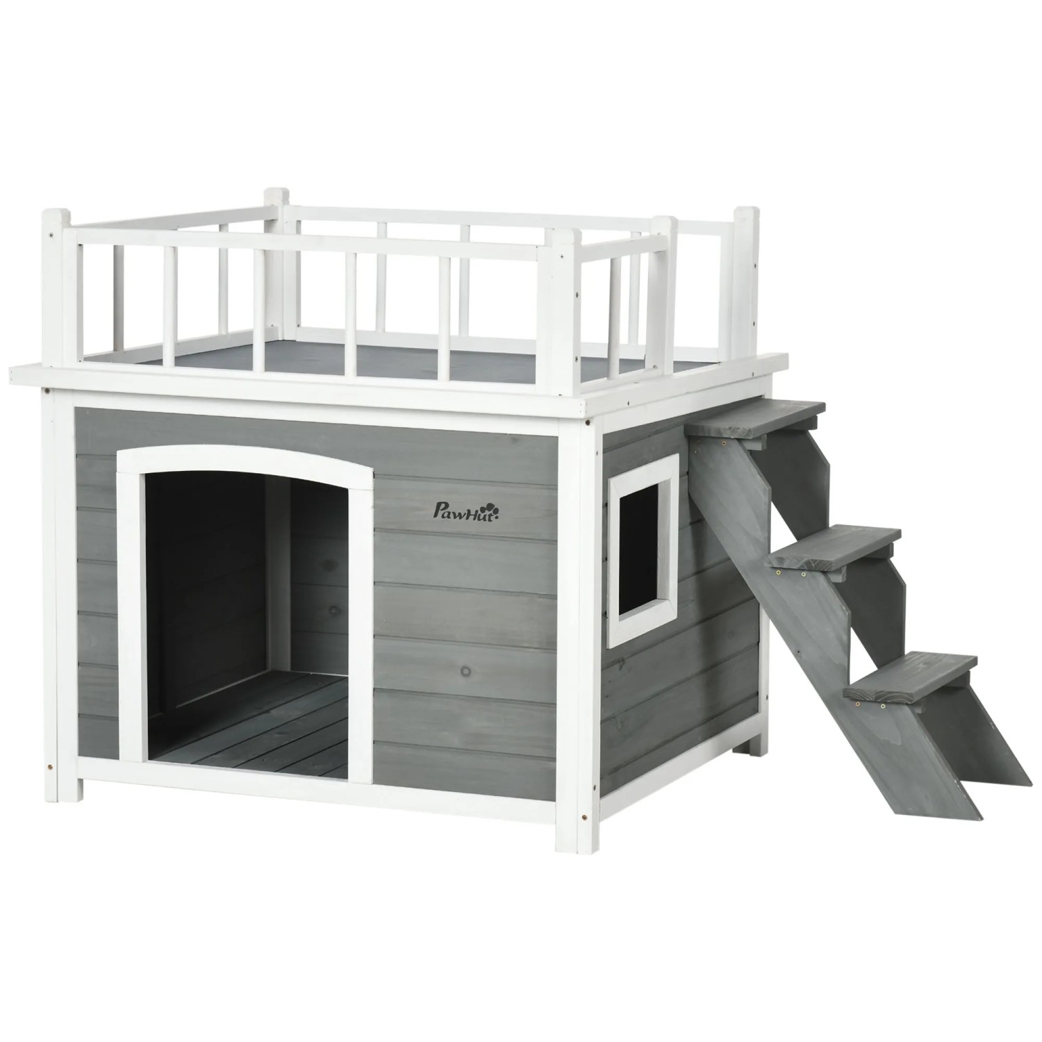 PawHut Hundehütte mit Balkon Treppe Fenster Tannenholz Hellgrau 121 x 77 x 78 cm