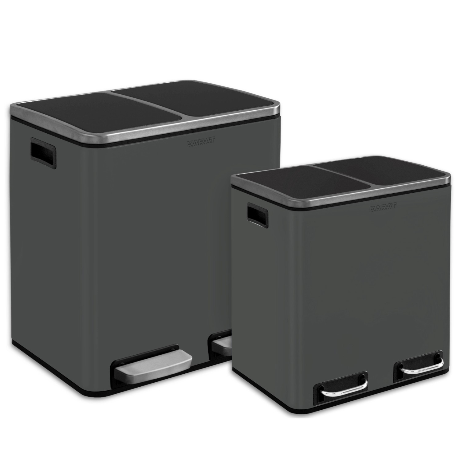 Anthrazitfarbener Karat Mülleimer Felix mit Trennsystem, 2x30 Liter, aus Edelstahl.