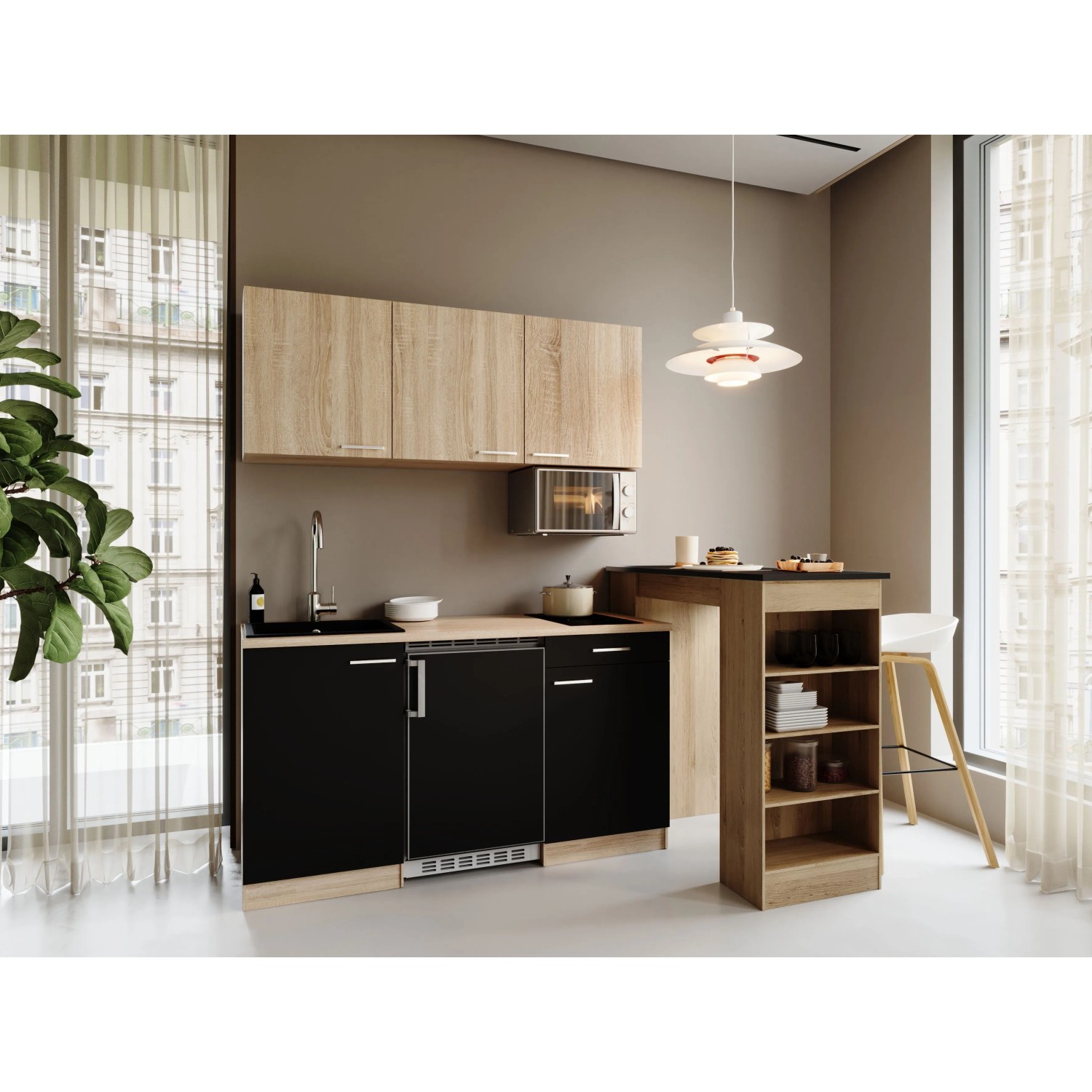 Respekta Ingrid Singleküche 150 cm Schwarz inkl. Mikrowelle mit Bartisch