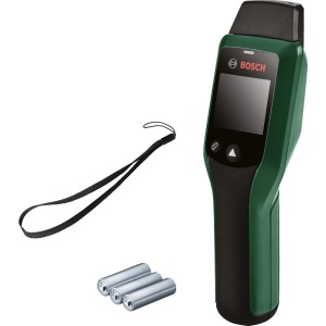 Bosch UniversalHumid Feuchtigkeitsmesser mit Display, Handschlaufe und Batterien für Holzfeuchtemessung.