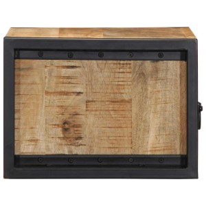 Robuster Nachttisch aus rauem Mangoholz mit schwarzem Metallrahmen und Tür, ideal für Schlafzimmer.