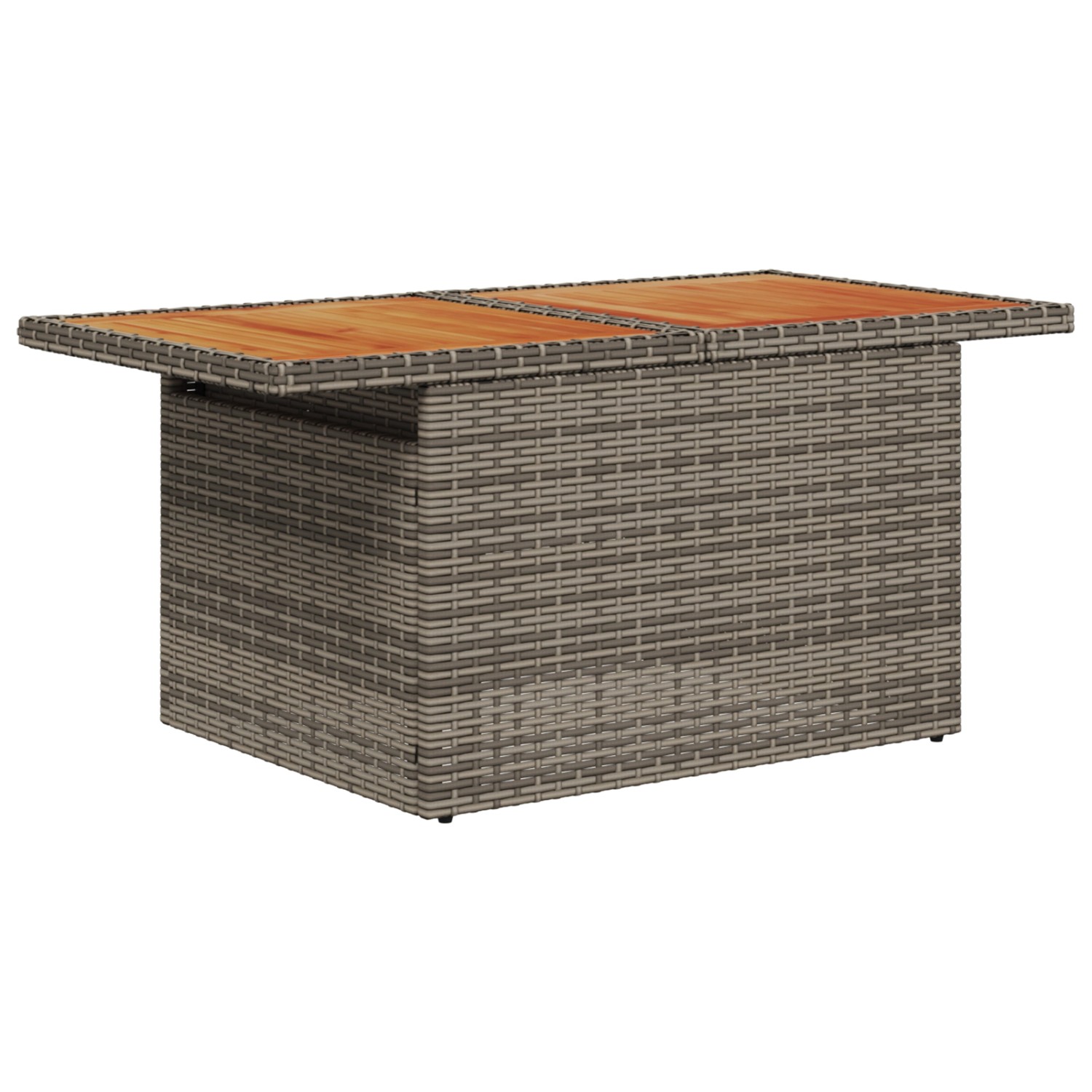 Grauer vidaXL Gartentisch aus Poly Rattan mit Holzplatte, Teil des 7-tlg. Garten-Sofa-Sets mit Stauraum.