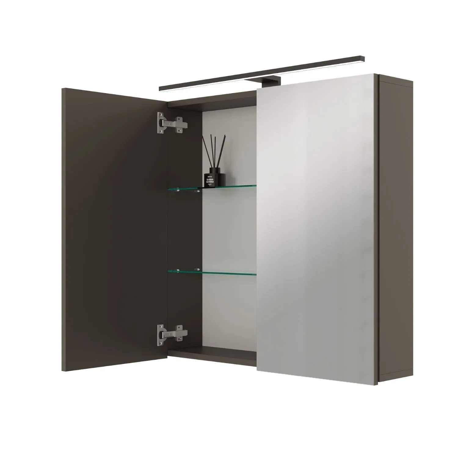 Planetmöbel ARIA Spiegelschrank 70 cm Anthrazit mit LED Leuchte Schwarz Steckdosenbox 230 V