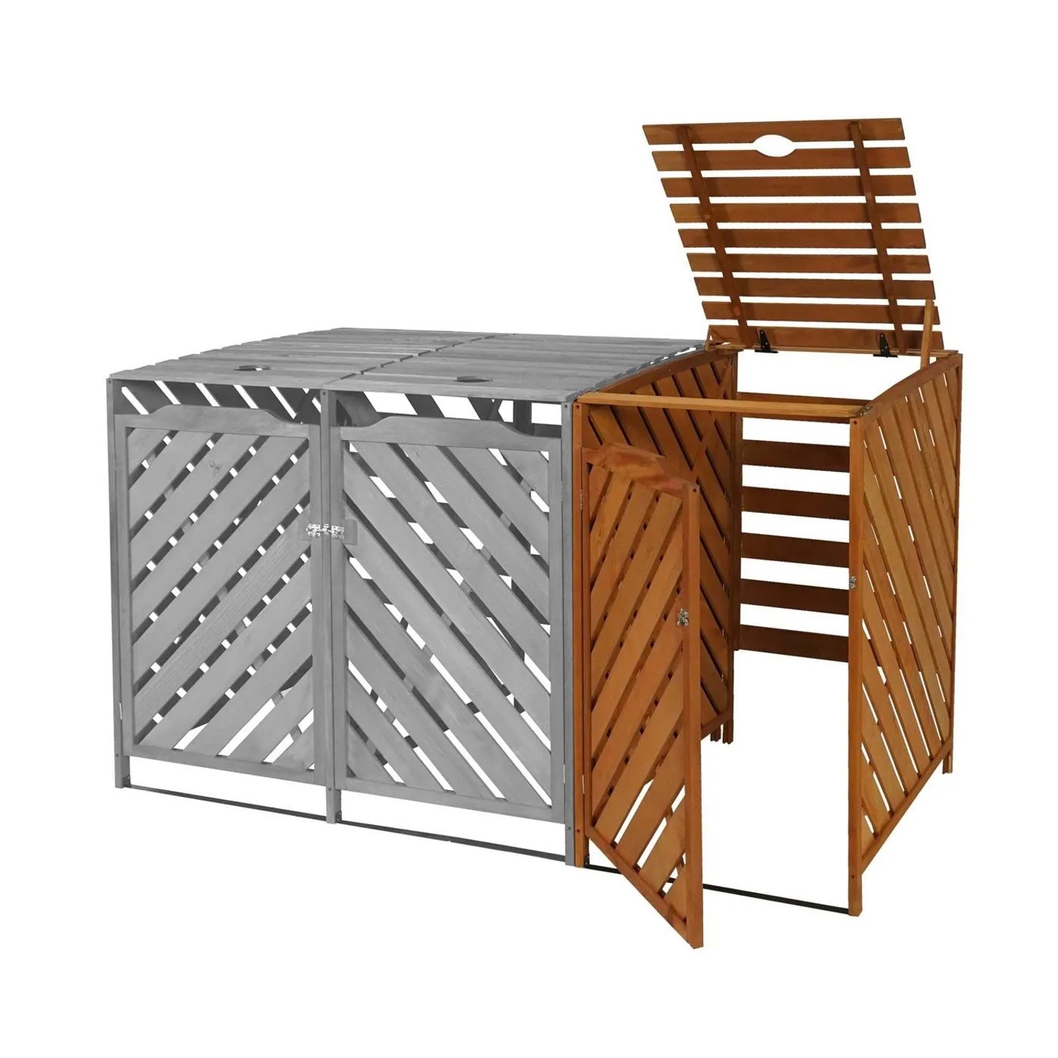Braune Proregal XL Mülltonnenverkleidung Erweiterung aus Holz, offen. Für 1-2 Mülltonnen, mit Deckel und Tür.