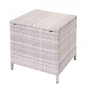 Hocker aus hellgrauem Poly-Rattan, passend zur MCW Lounge-Garnitur A29. Quadratisches Design.