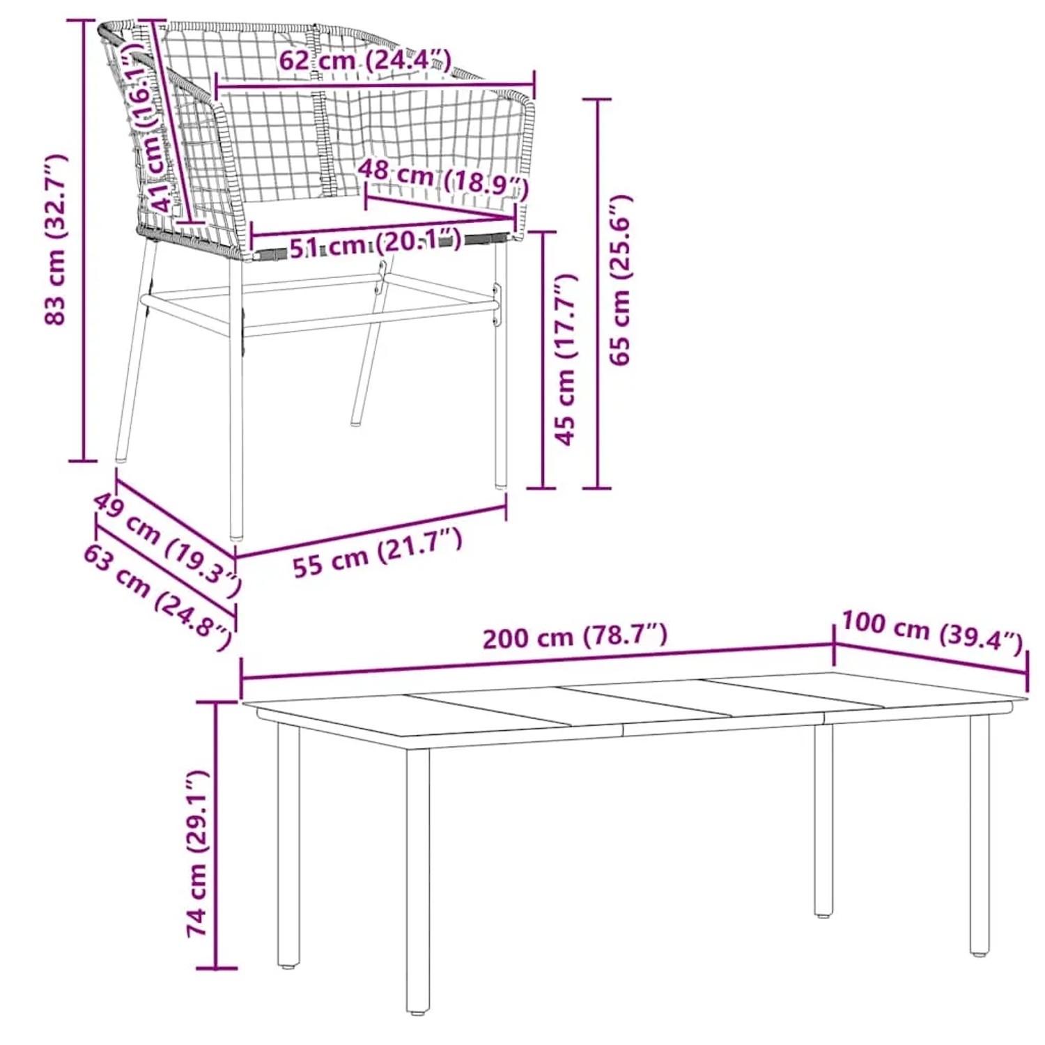 vidaXL 9-tlg. Garten-Essgruppe, schwarzes Poly Rattan mit Glasplatte, Maße eingezeichnet.