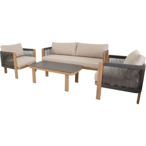 Lesli Lounge-Set Sora 4-teilig: Sofa, 2 Sessel, Tisch. Beige Polster, Holzoptik-Gestell, dunkles Rope-Design für Garten & Terrasse.