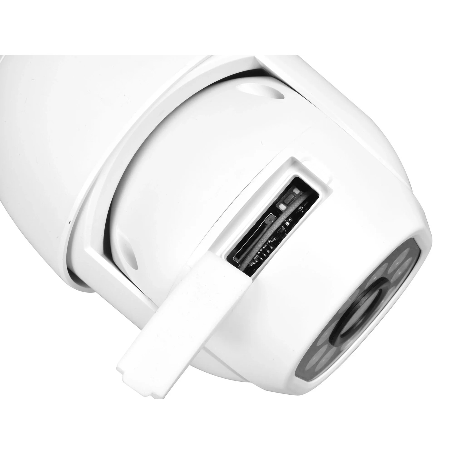 Weiße Technaxx Mini PT Outdoor-Kamera TX-390. Nahaufnahme von seitlichem Steckplatz und Objektiv für Videoüberwachung.