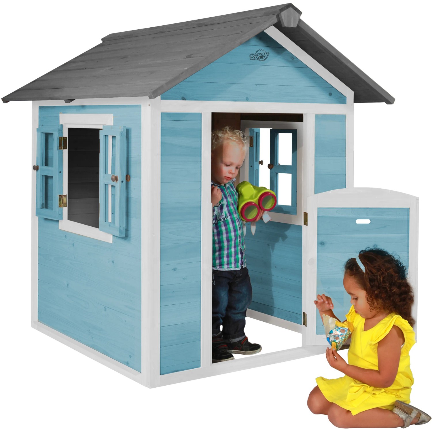 Axi Lodge Spielhaus in Karibischem Blau mit zwei spielenden Kindern.