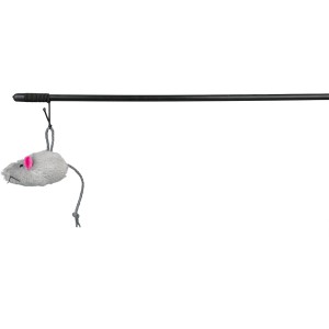 Trixie Spielangel mit grauer Plüschmaus als Katzenspielzeug.