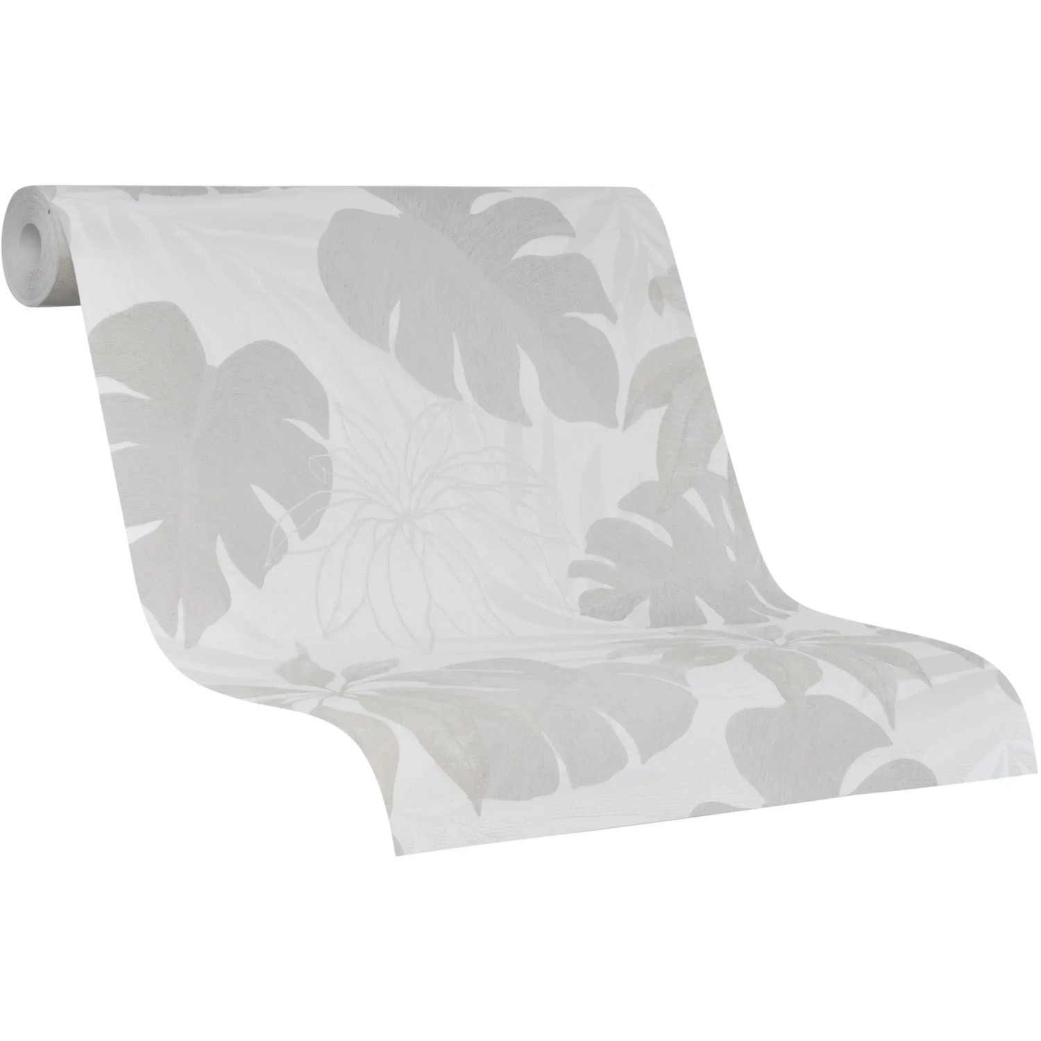 Marburg Vliestapete Avalon Dschungel Grau mit floralem Muster und Monstera Blättern.