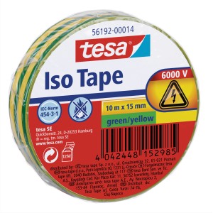 Tesa Iso Tape, gelb-grün, 10m x 15mm, zum Isolieren von elektrischen Leitungen.