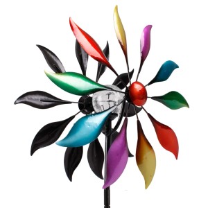 Lex Windrad Windspiel Metall mit Solar LED Glaskugel Metall Bunt Erdspieß Gartendeko