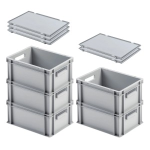 SuperSparSet: Graue Euroboxen (5 Stk.) mit Deckel, 16L, für Lagerung und Transport.