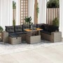 Graue 9-teilige Garten-Sofagarnitur aus Polyrattan mit Akazientisch und Kissen.