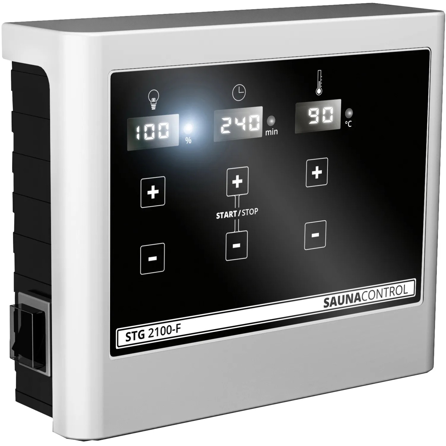 Externe Steuerung für Karibu Sauna-Set Swenna mit digitalem Display und Bedienelementen.