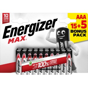 Energizer Max Micro AAA Batterien, 15+5 Stück Bonuspack, langlebige Alkali-Mangan Batterien für diverse Geräte.