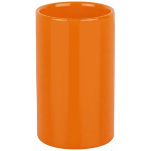 Orangefarbener Spirella Zahnputzbecher Tube im schlichten Design.
