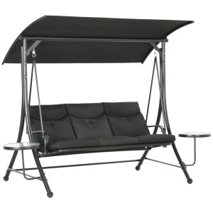 Schwarze Outsunny Hollywoodschaukel aus Metall mit Sonnendach und Tischchen.