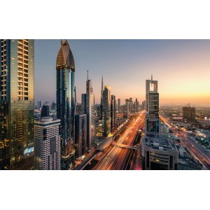Vlies Fototapete mit Skyline von Dubai bei Nacht, 450x280 cm.