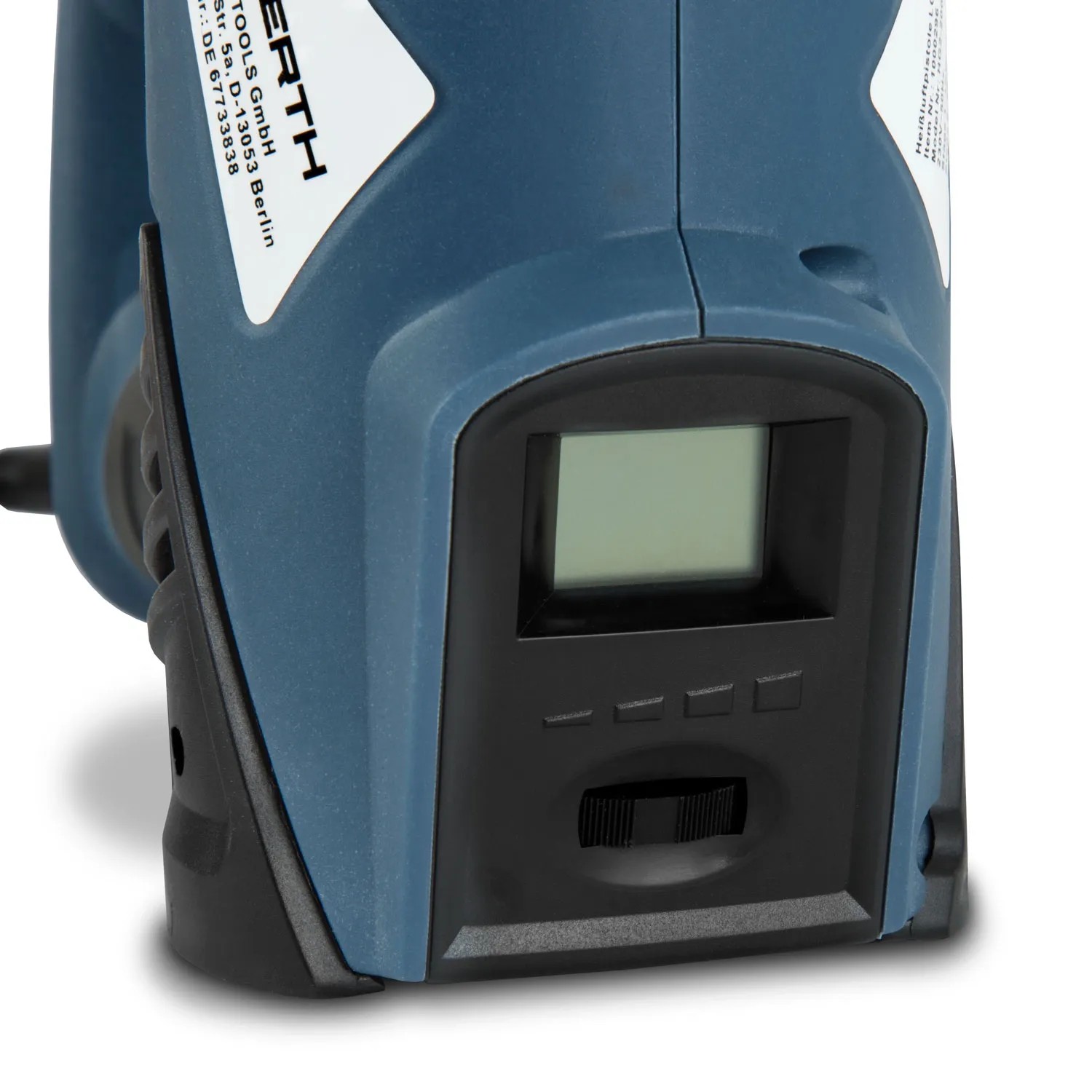 Detailaufnahme der EBERTH Heißluftpistole 2000W mit LCD-Display und Temperaturregler.