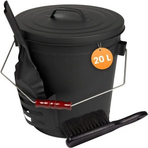 BLACK OAK Ascheeimer STROMBOLI 20L mit Schaufel und Handfeger für Kamin und Grill.