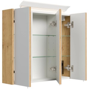 Spiegelschrank 70 cm Eiche Gold, offene Türen zeigen LED-Lampe, Glasböden, Steckdose. Soft-Close.