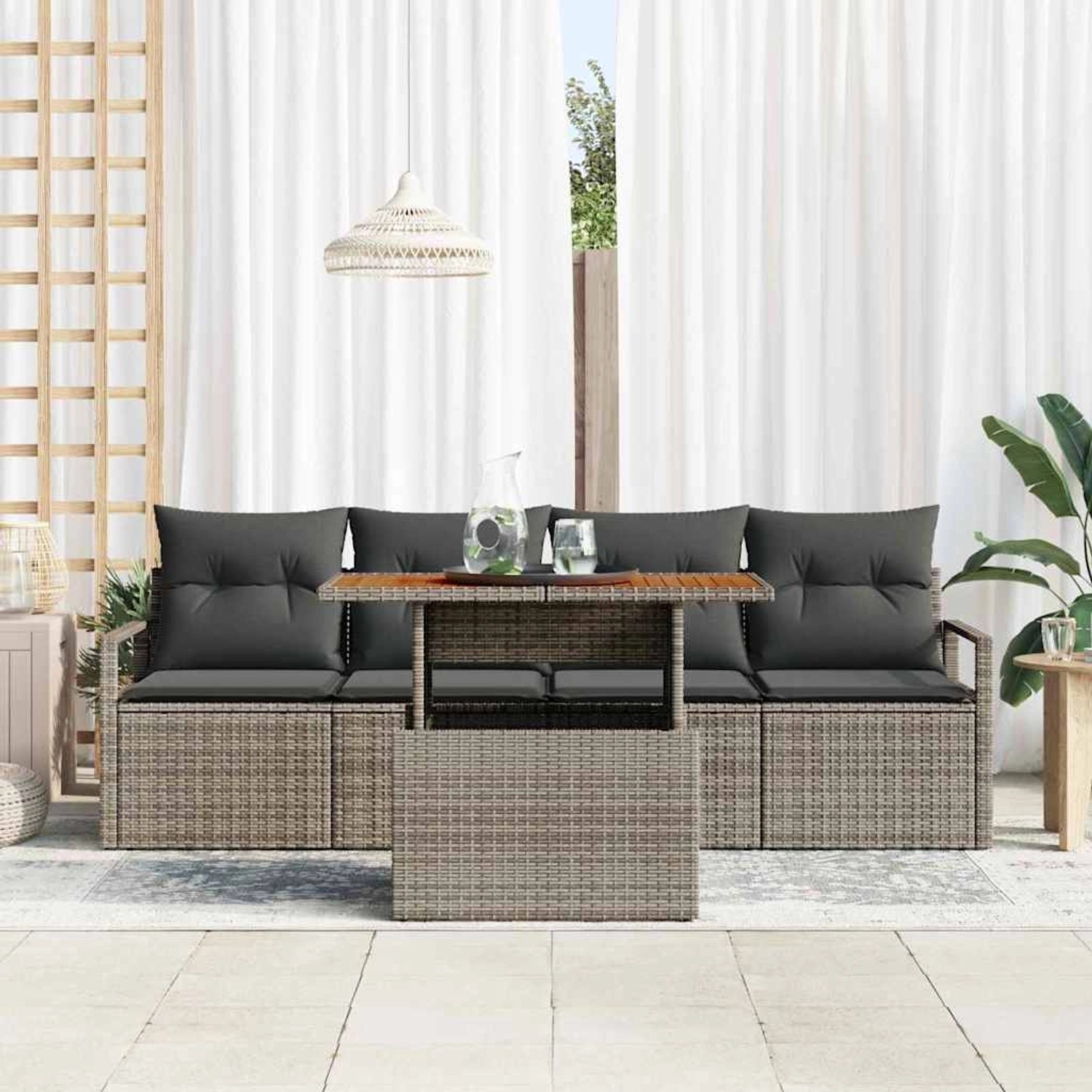 Graues 5-tlg. vidaXL Garten-Sofa-Set aus Poly Rattan mit Tisch und Stauraum.