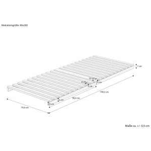 Technisches Diagramm des metallfreien Lattenrosts aus Fichtenholz, 80x200 cm, mit 21 Latten und detaillierten Maßen.