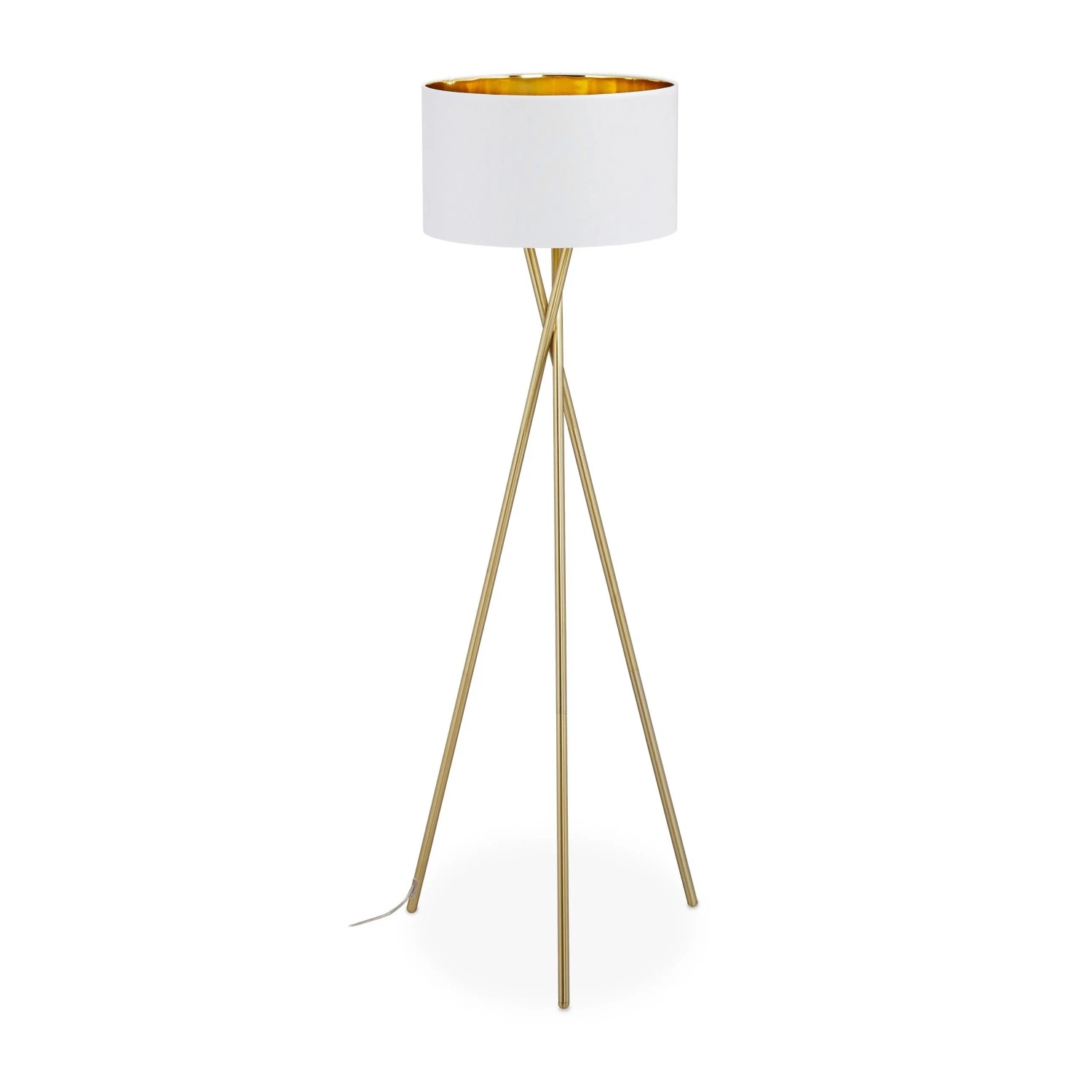 Relaxdays Dreibein Stehlampe Metall Leinen Weiß Gold mit Trittschalter 148,5 cm x 53,5 cm 3,3 kg