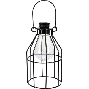 Schwarze LED Solar-Laterne aus Metall, 10x10x17 cm, mit Aufhängebügel.