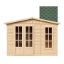 Timbela Gartenhaus aus Holz mit grünen Dachziegeln und Boden, Frontansicht.